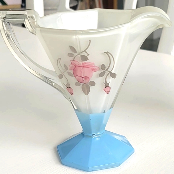 Vintage MCM Bartlett Collins Hand-Painted Blue Indiana Glass Footed Creamer and - Picture 3 of 5